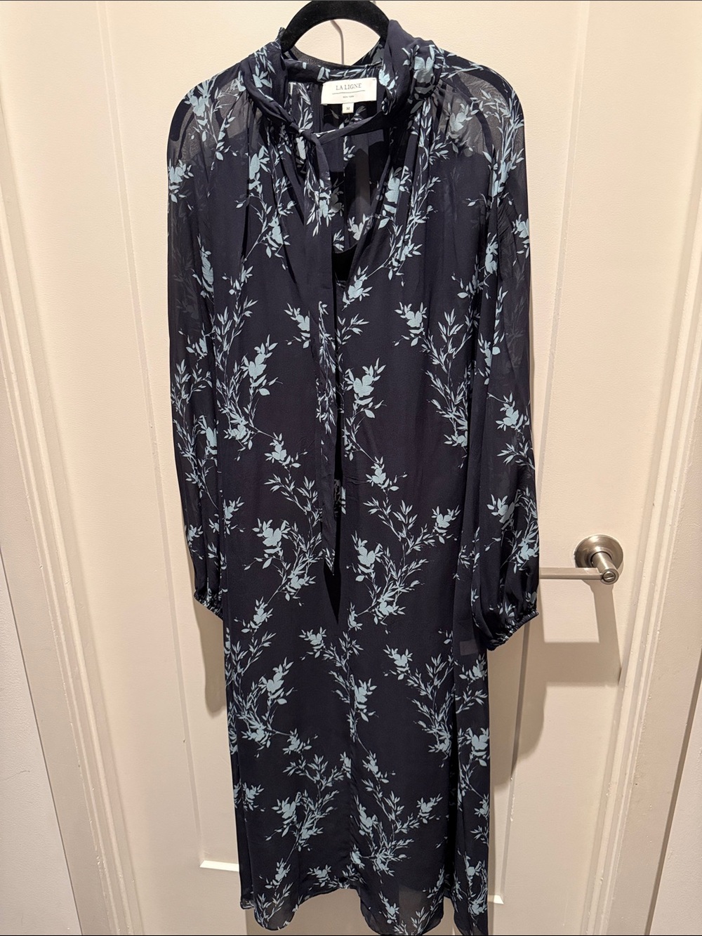 La Ligne Navy Dress with Light Blue Floral Print and Tie Neck